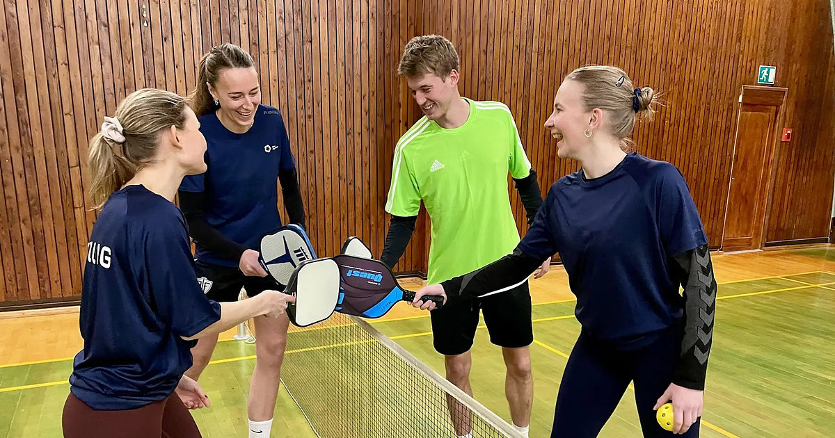 Fire pickleballspillere taster bat sammen over nettet efter en kamp